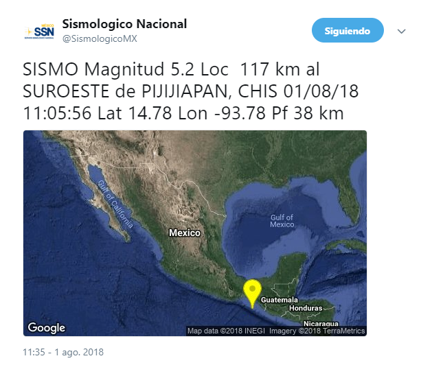 Sismos sacuden Tenango de Arista, Edomex, y Pijijiapan, Chiapas