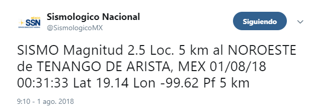 Sismo de magnitud 2.5 sacude Tenango del Valle, Edomex