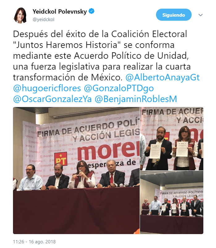 Morena, PT y PES van juntos en alianza legislativa
