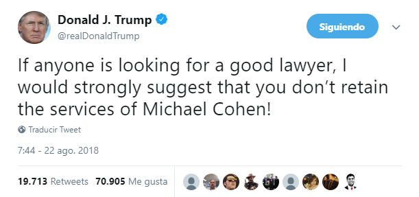 Trump acusa en Twitter a Michael Cohen de "inventar historias" 