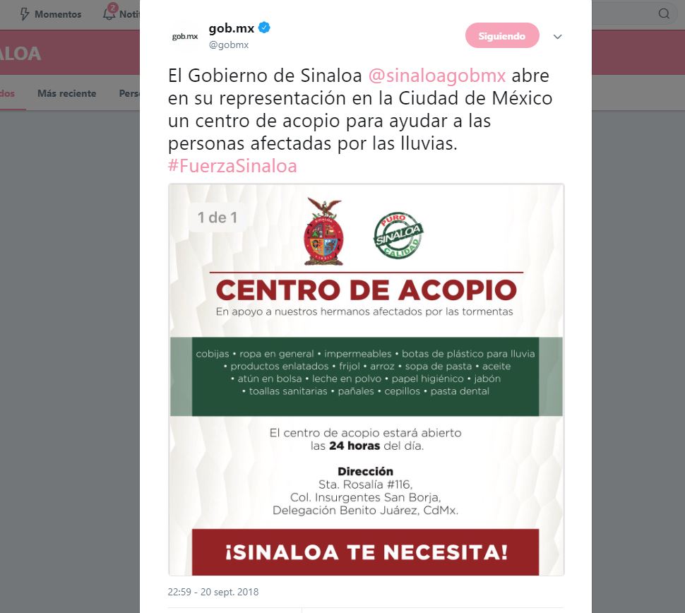 Abren centro de acopio para ayudar a Sinaloa
