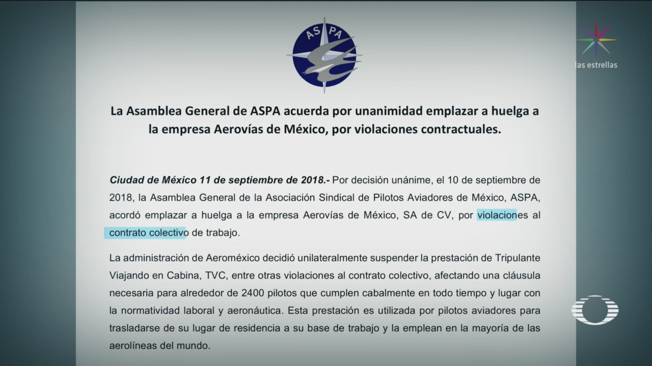 ASPA emplaza a huelga a pilotos de Aeroméxico