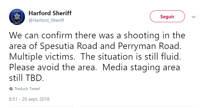 Autoridades reportaron el tiroteo a través de Twitter. (@Harford_Sheriff)