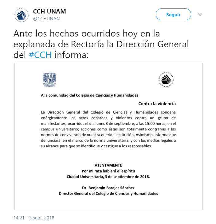 Dirección de CCH condena enfrentamiento en Rectoría de unam
