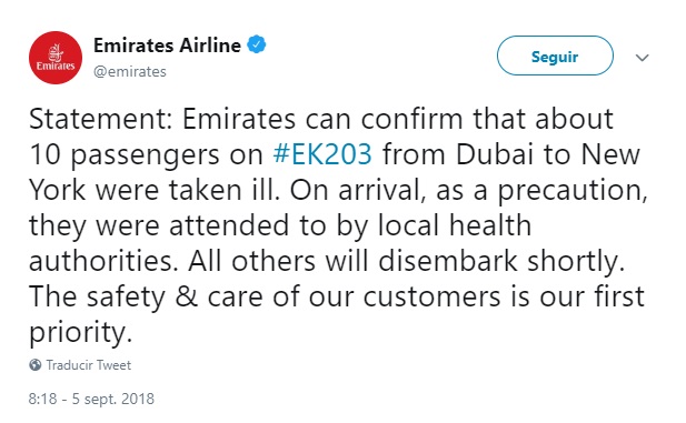Avión de Emirates es puesto en cuarentena en New York