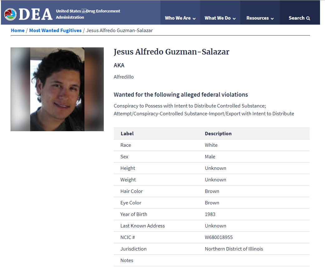 Ficha de Jesús Alfredo Guzmán Salazar, publicada por la DEA. (https://www.dea.gov/fugitives/jesus-alfredo-guzman-salazar)