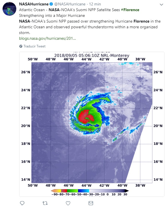 Huracán Florence alcanza categoría 3 en el Atlántico