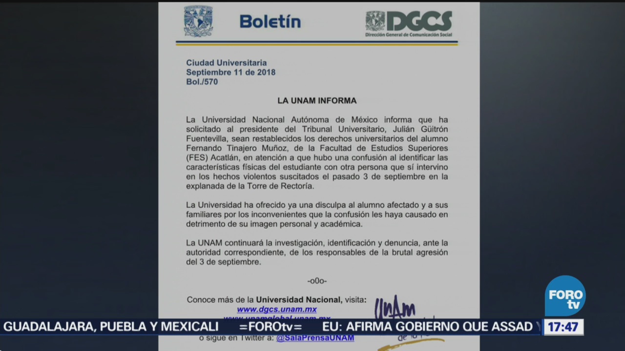 UNAM Restituye Derechos Alumno Confundió Porro