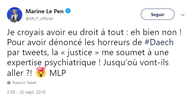 Mensaje de Marine Le Pen en Twitter. (@MLP_officiel)