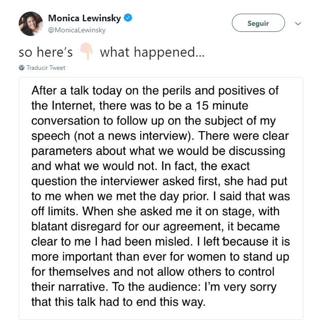 Mónica Lewinsky abordó el suceso en su cuenta de Twitter. (@MonicaLewinsky)