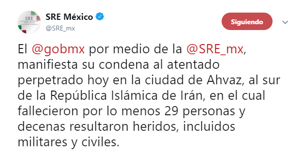 gobierno mexico condena atentado iran ahvaz,