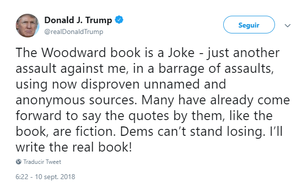 Trump arremete nuevamente en Twitter contra Bob Woodward. (@realDonaldTrump)