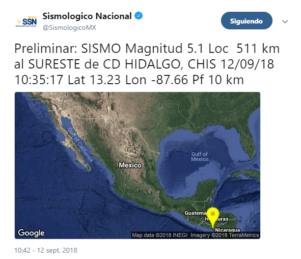 Sismo de magnitud 5.1 se registra en Ciudad Hidalgo, Chiapas 