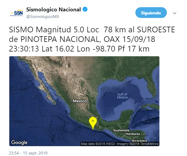 Sismo de magnitud 5 se registra en Oaxaca