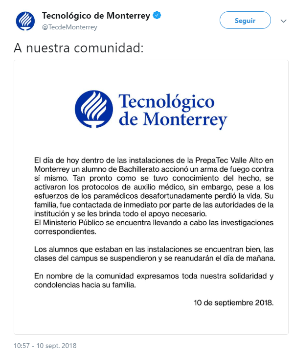 Estudiante se suicida en prepa del Tec de Monterrey, confirma la institución