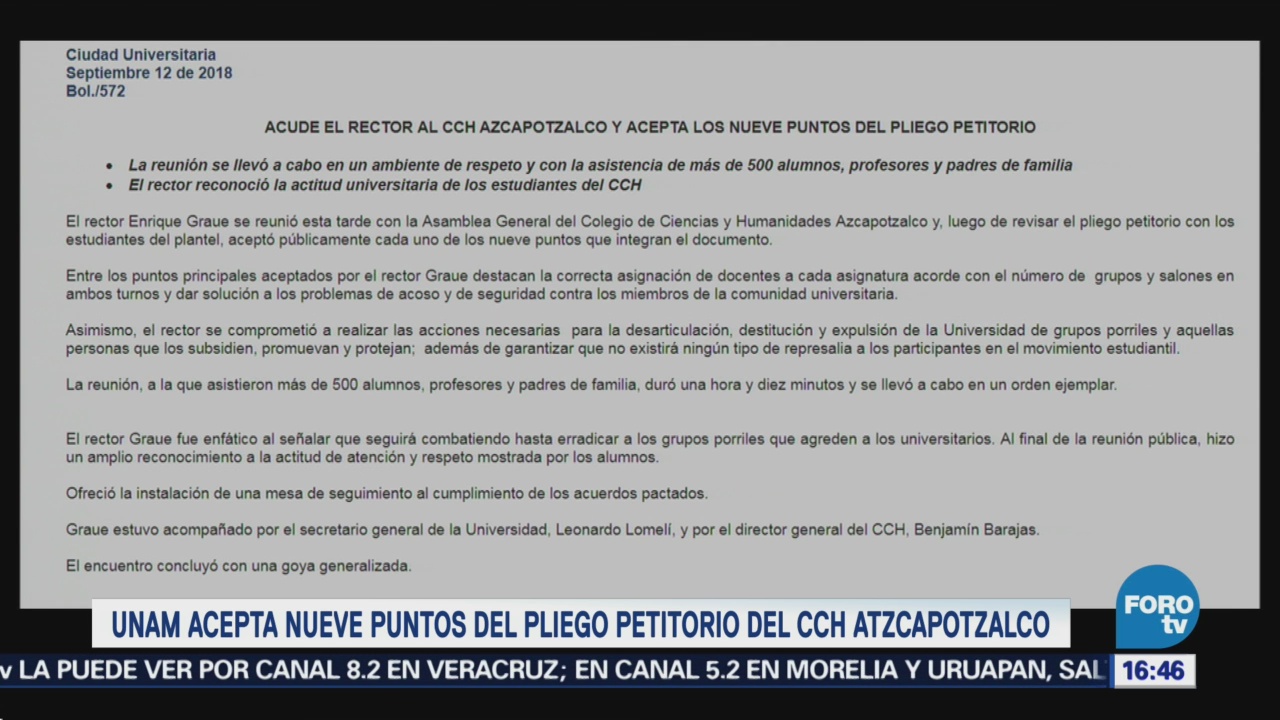 UNAM Acepta Puntos Pliego Petitorio CCH Azcapotzalco