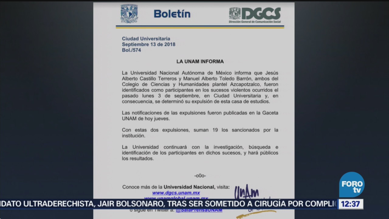 UNAM expulsa a dos estudiantes más del CCH Azcapotzalco