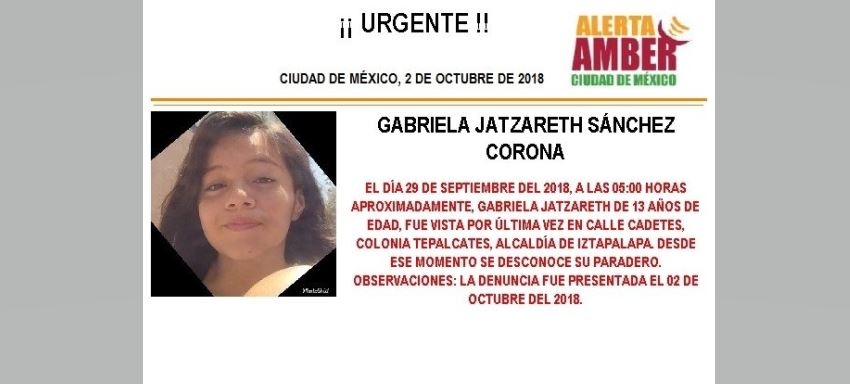 Activan Alerta Amber para localizar a Gabriela Jatzareth Sánchez Corona