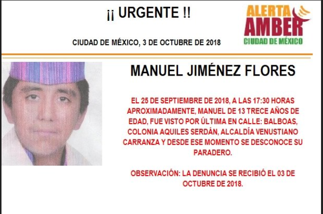 Activan Alerta Amber para localizar a Manuel Jiménez Flores. (@PGJDF_CDMX)