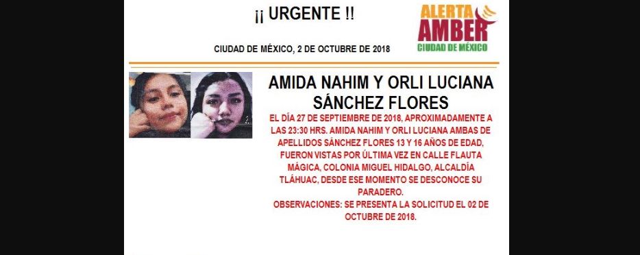 Activan Alerta Amber para localizar a Amida Nahim y Orli Luciana Sánchez Flores