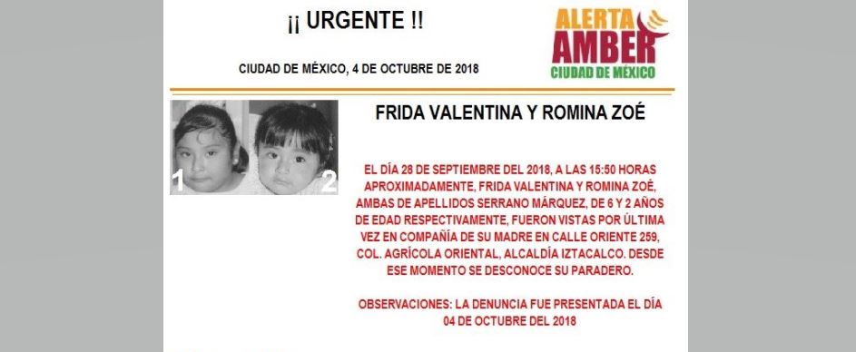 Alerta Amber para localizar a Frida Valentina y Romina Zoé