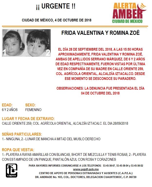 Alerta Amber para localizar a Frida Valentina y Romina Zoé