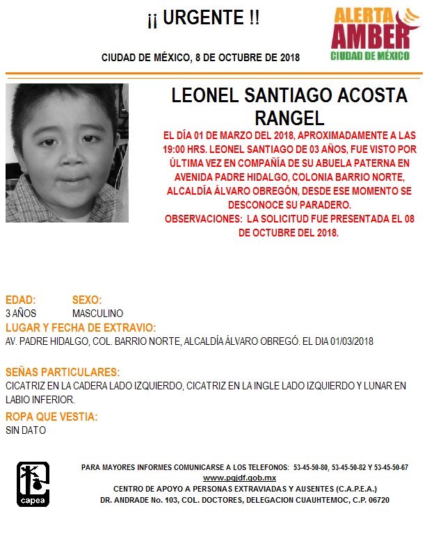 Activan Alerta Amber para localizar a Leonel Santiago