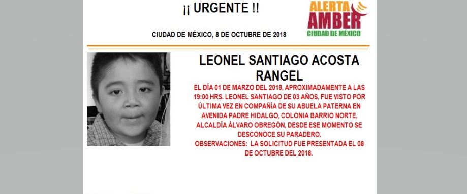 Activan Alerta Amber para localizar a Leonel Santiago Acosta Rangel, de 3 años