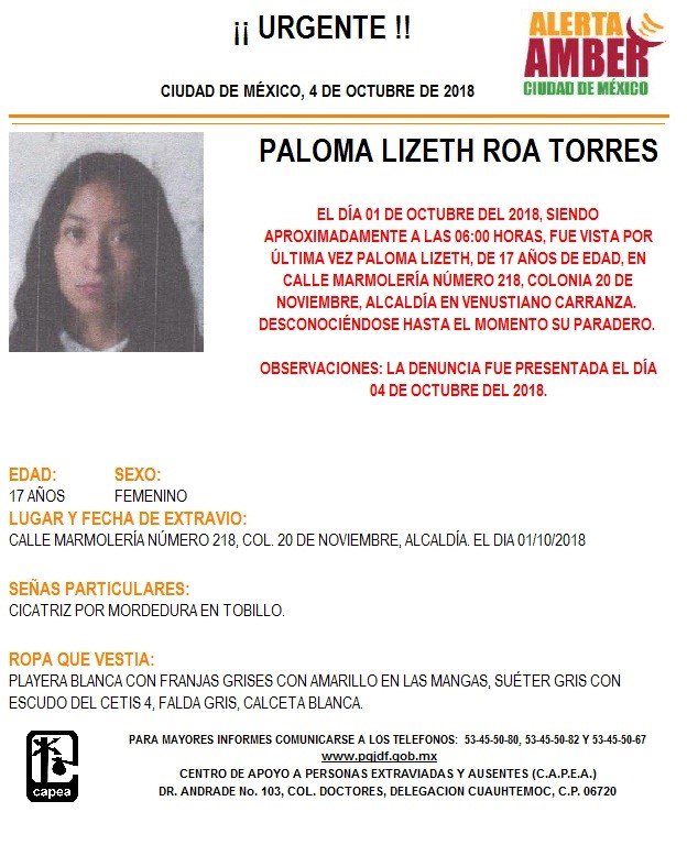 Alerta Amber para localizar a Paloma Lizeth Roa Torres