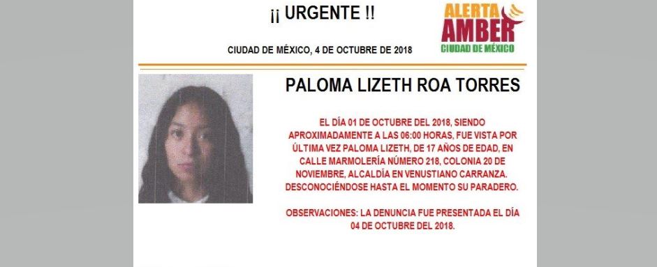 Activan Alerta Amber para localizar a Paloma Lizeth Roa Torres en Venustiano Carranza