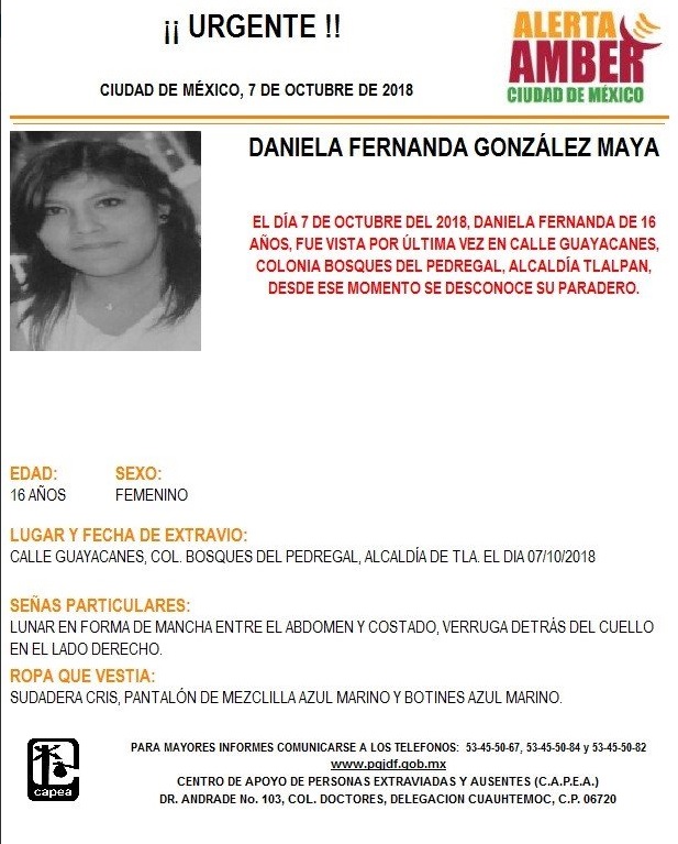 Alerta Ámber: localizar a Daniela Fernanda González Maya