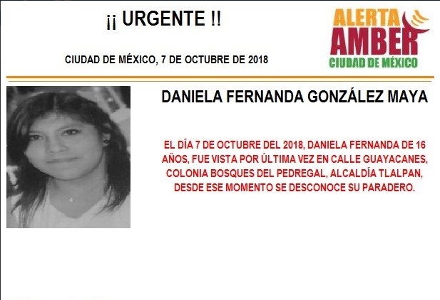 Alerta Ámber: localizar a Daniela Fernanda González Maya