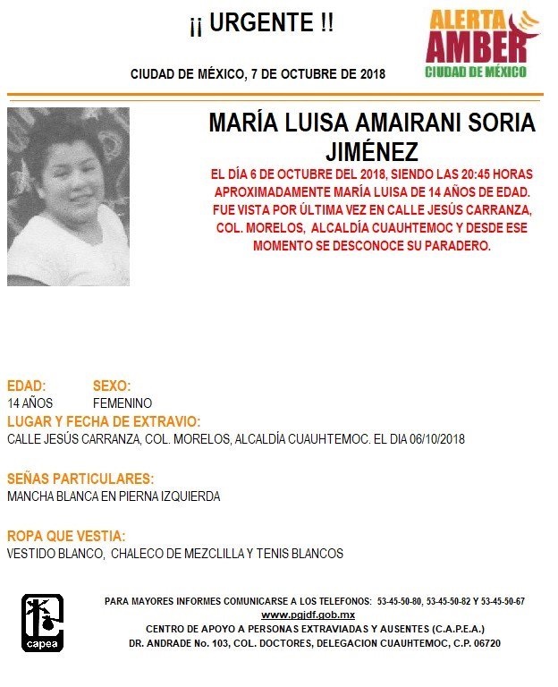 Alerta Ámber: Ayuda a localizar a María Luisa Amairani Soria Jiménez (Twitter @PGJDF_CDMX)