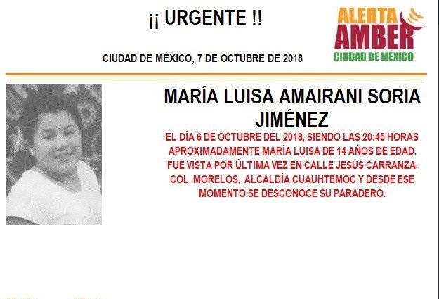 Alerta Ámber: Ayuda a localizar a María Luisa Amairani Soria Jiménez