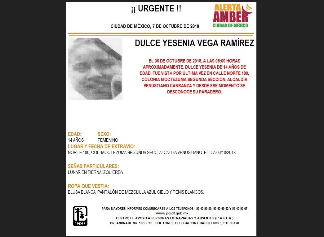 Alerta Amber: Piden ayuda para localizar a Dulce Yesenia Vega Ramírez en Venustiano Carranza