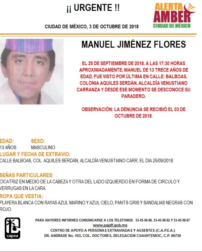 Activan Alerta Amber para localizar a Manuel Jiménez Flores