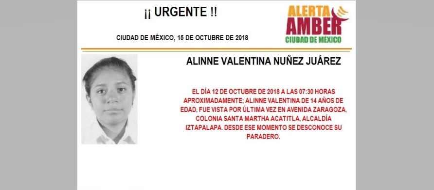 Alerta Amber para localizar a Alinne Valentina