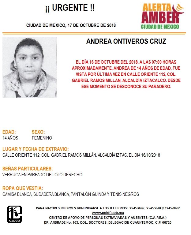 Alerta Amber para localizar a Andrea Ontiveros Cruz