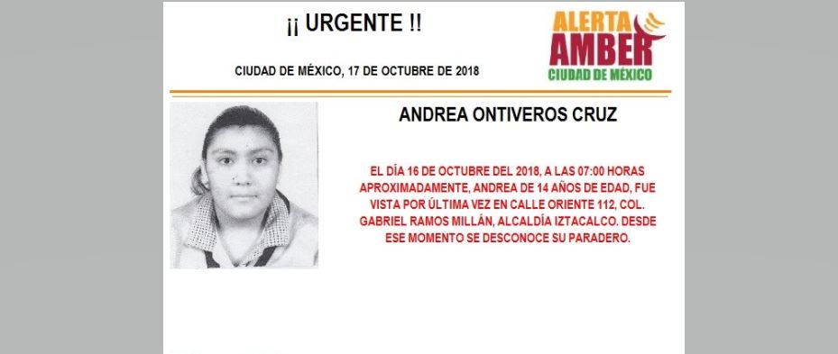Alerta Amber para localizar a Andrea Ontiveros Cruz