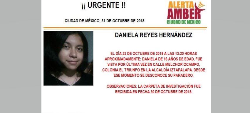 Alerta Amber para localizar a Daniela Reyes Hernánde
