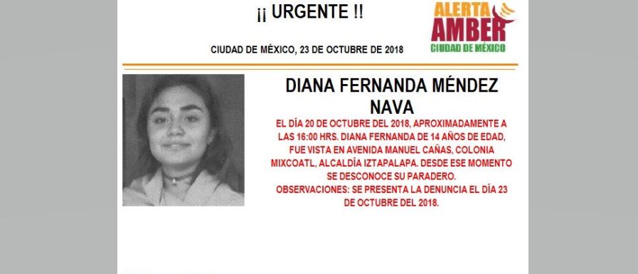 Alerta Amber: Ayuda a localizar a Diana Fernanda Méndez Nava