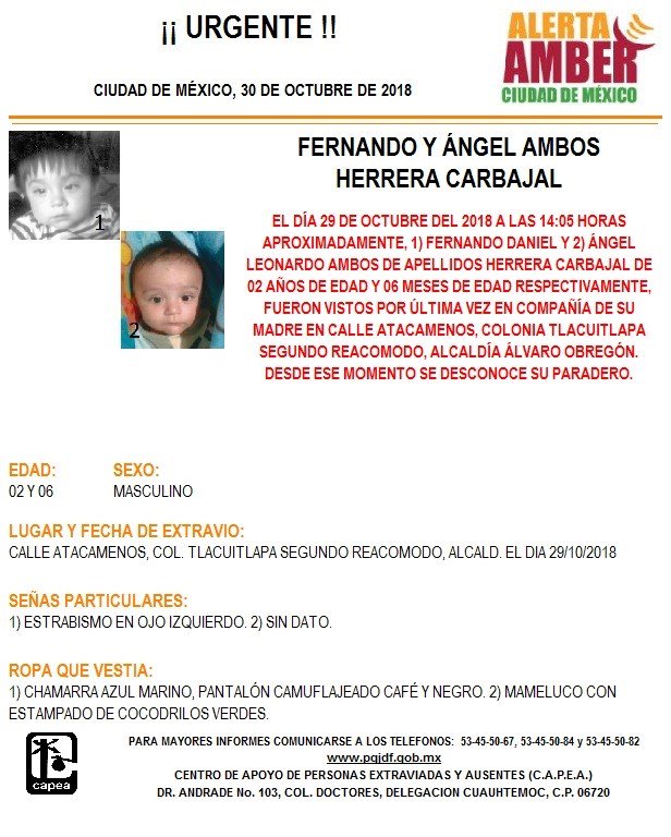 Alerta Amber para localizar a Fernando Daniel y Ángel Leonardo