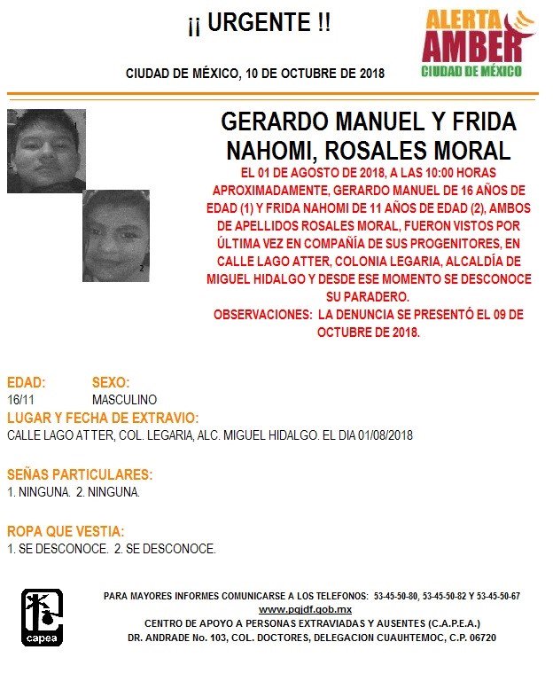 Alerta Amber para localizar a Gerardo Manuel y Frida Nahomi