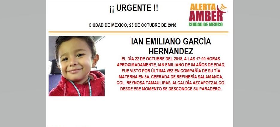 Alerta Amber para localizar a Ian Emiliano García Hernández