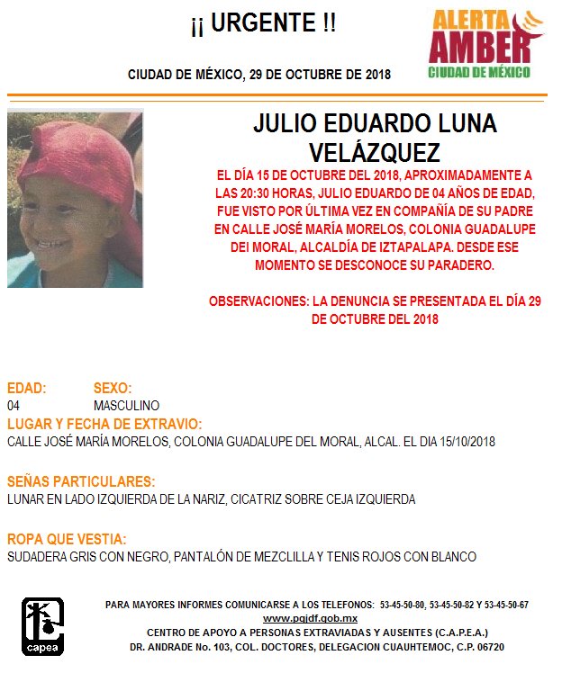 Alerta Amber para localizar a Julio Eduardo Luna