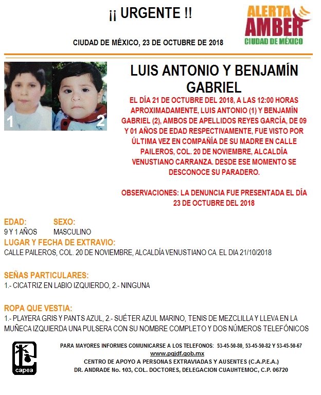 Alerta Amber Luis Antonio Reyes García y Benjamín Gabriel Reyes García