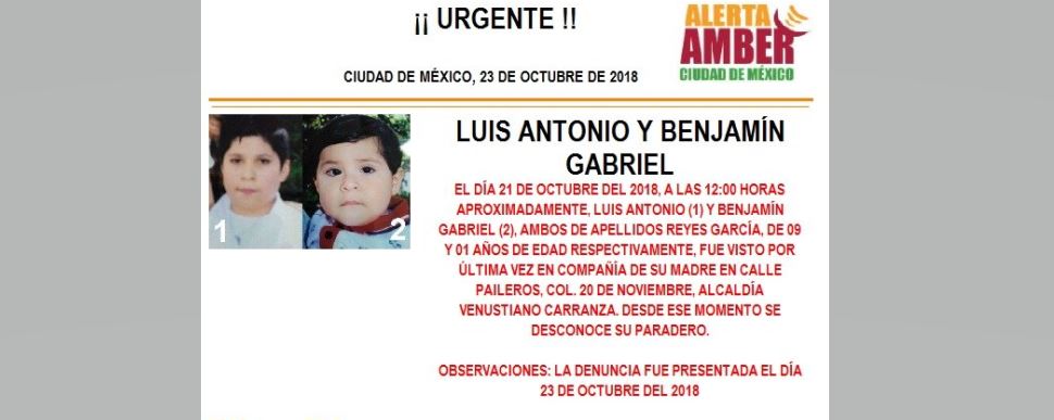 Alerta Amber para localizar a Luis Antonio Reyes García y Benjamín Gabriel Reyes