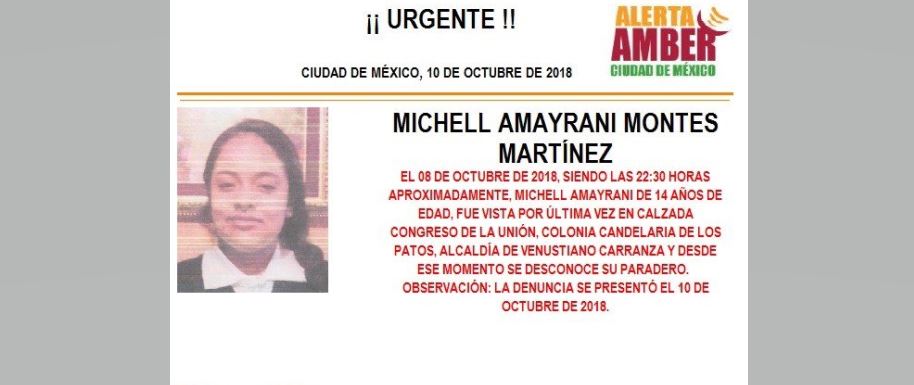 Activan Alerta Amber para localizar a Michell Amayrani Montes Martínez, de 14 años