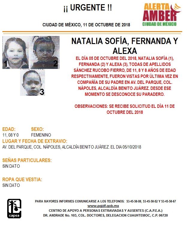 Alerta Amber para localizar a Natalia Sofía, Fernanda y Alexa
