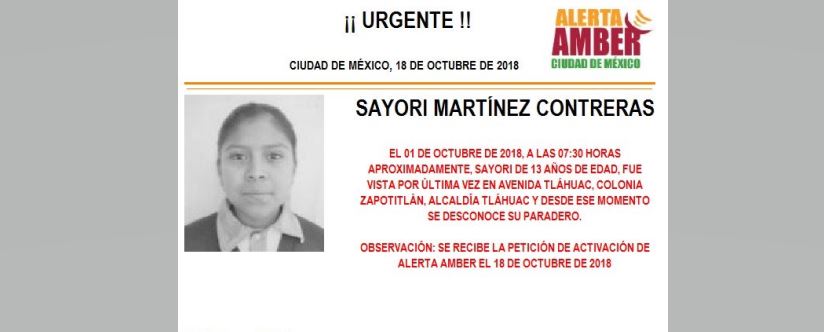 Alerta Amber para localizar a Sayori Martínez